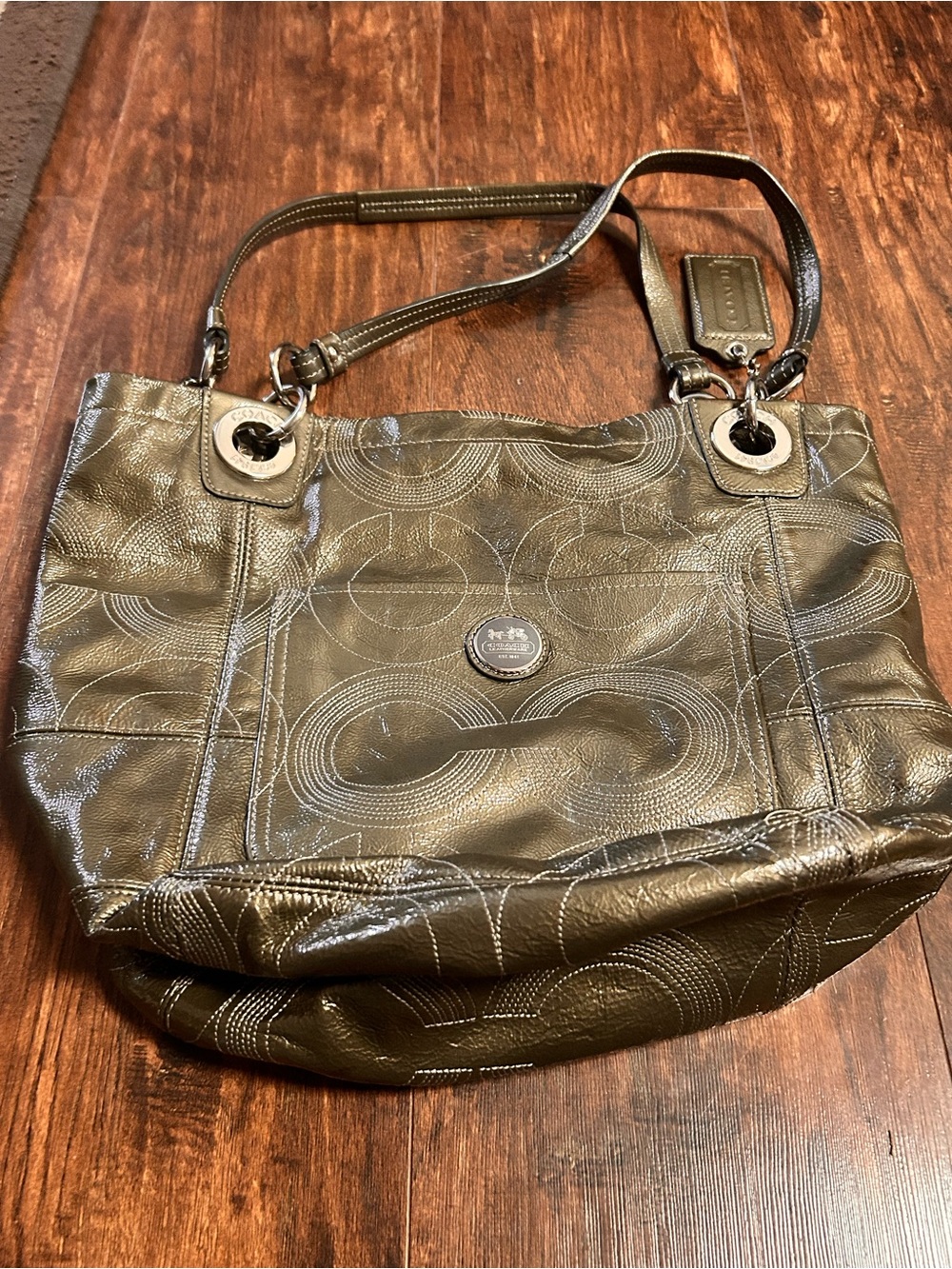 AUTHENTIC COACH Alex Signature Patent Leather Tote Bag Purse 14265 OLIVE - EUC